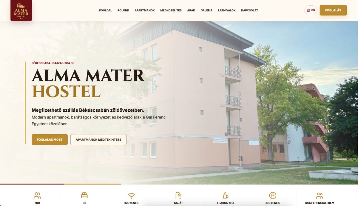 Alma Mater Hostel weboldal — statikus előnézet